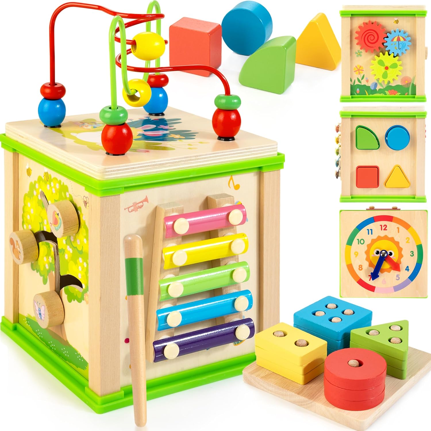 Wooden 7-in-1 Activity Cube Montessori Toys for 1 2 3 Year Old Toddlers Baby Educational Developmental Toys
