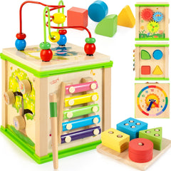 Wooden 7-in-1 Activity Cube Montessori Toys for 1 2 3 Year Old Toddlers Baby Educational Developmental Toys