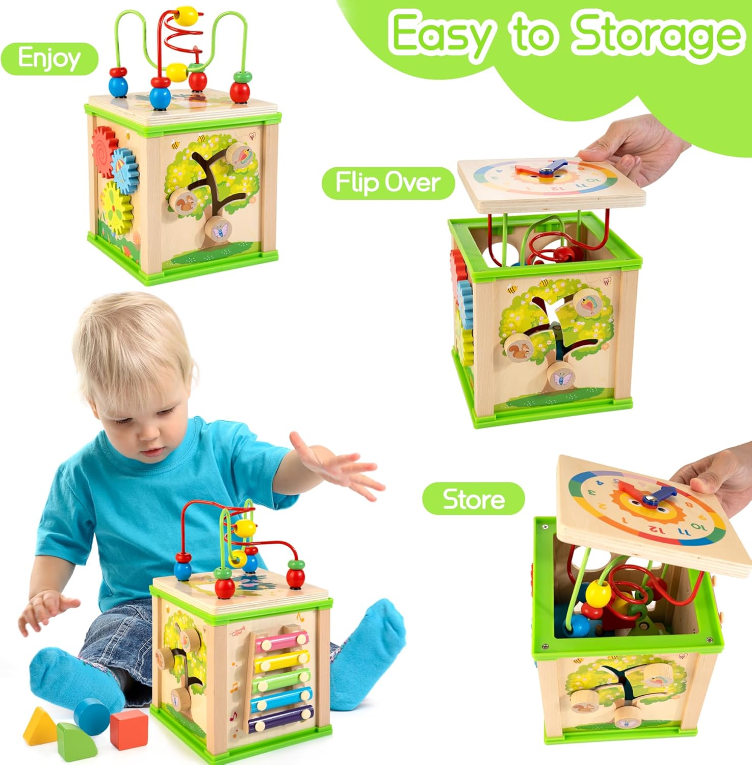 Wooden 7-in-1 Activity Cube Montessori Toys for 1 2 3 Year Old Toddlers Baby Educational Developmental Toys
