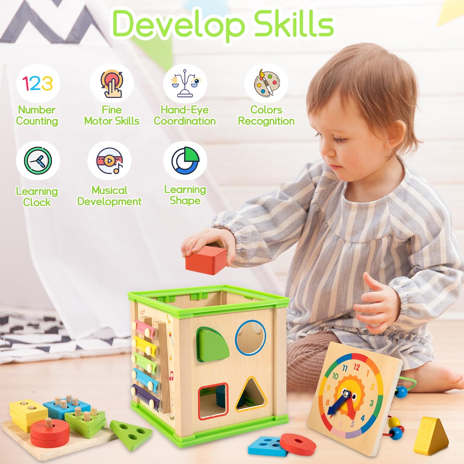 Wooden 7-in-1 Activity Cube Montessori Toys for 1 2 3 Year Old Toddlers Baby Educational Developmental Toys