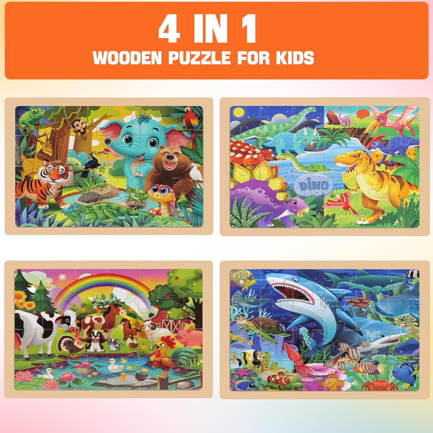 4 Packs 24 PCs Wooden Puzzles for Kids Ages 3-5, Montessori Toddler Jigsaw Puzzles, Preschool Educational Toys