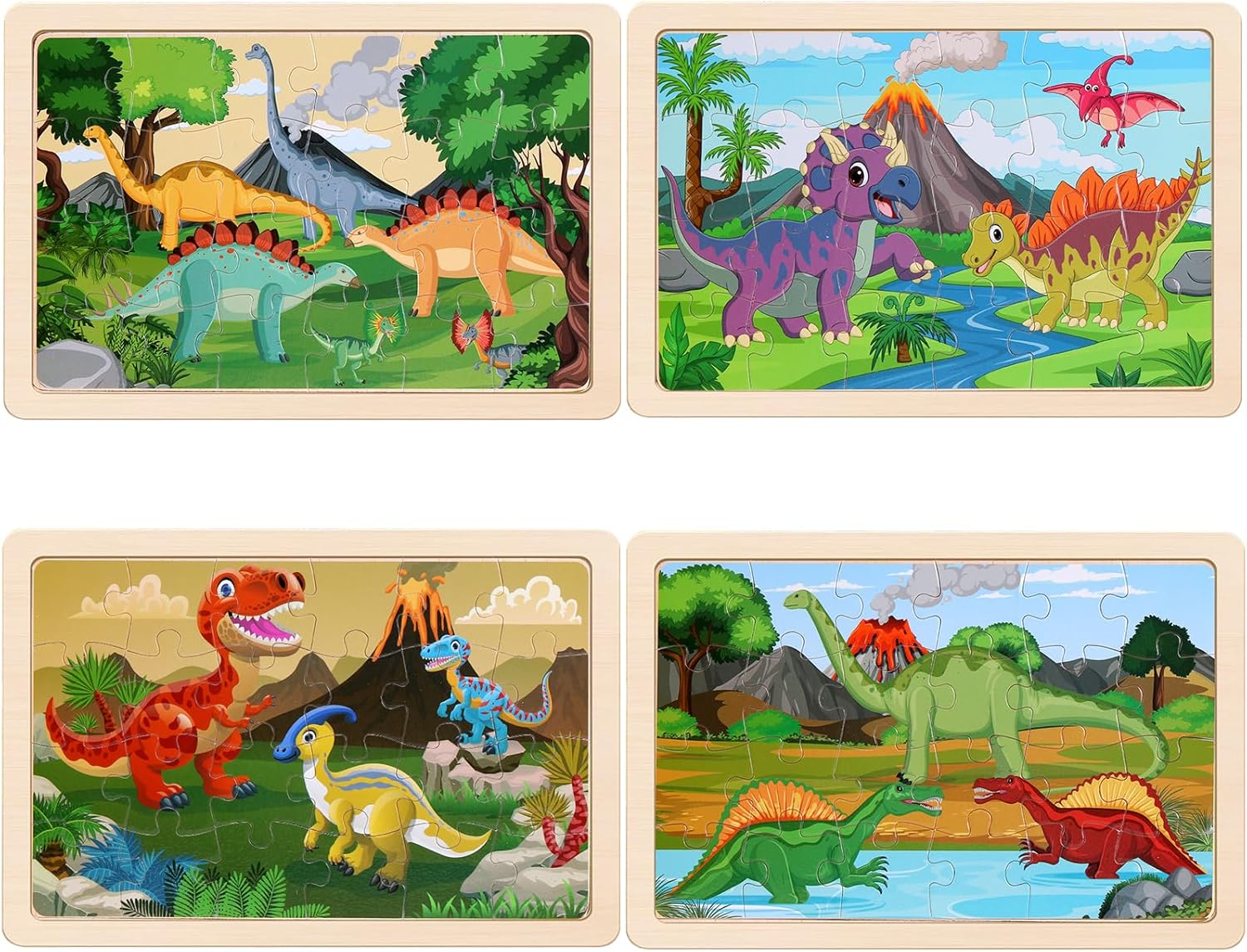 Wooden Puzzles Dinosaur Toys for Kids Ages 3-5, Set of 4 Packs with 20-Piece Wood Jigsaw Puzzles, Preschool Educational Brain Teaser Boards