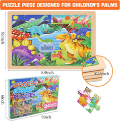 4 Packs 24 PCs Wooden Puzzles for Kids Ages 3-5, Montessori Toddler Jigsaw Puzzles, Preschool Educational Toys