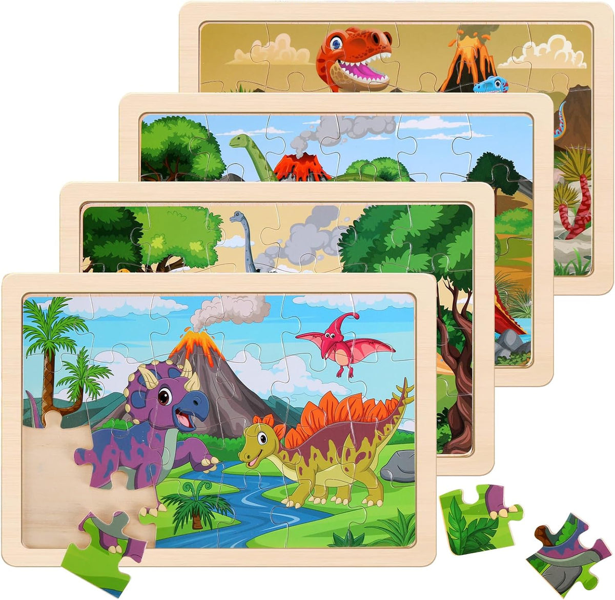 Wooden Puzzles Dinosaur Toys for Kids Ages 3-5, Set of 4 Packs with 20-Piece Wood Jigsaw Puzzles, Preschool Educational Brain Teaser Boards