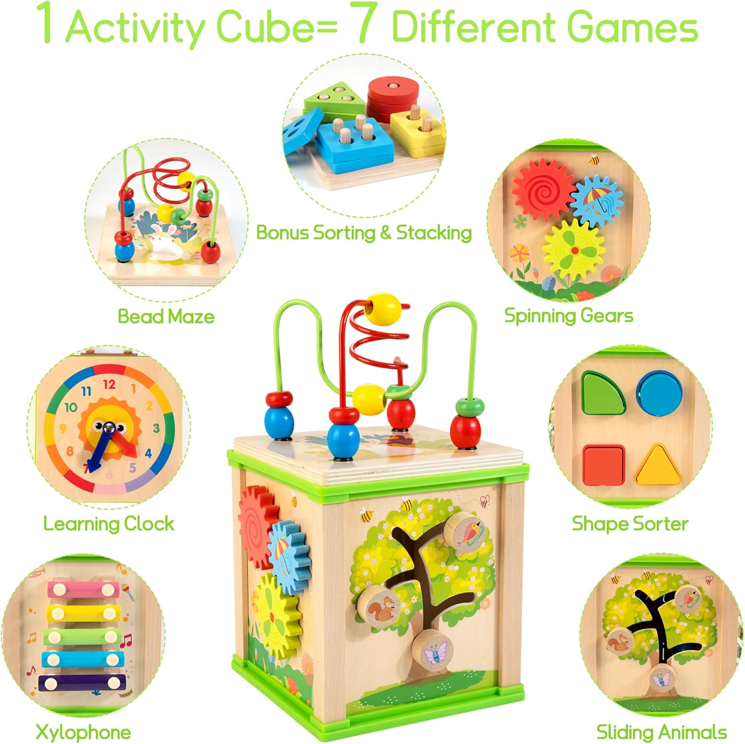 Wooden 7-in-1 Activity Cube Montessori Toys for 1 2 3 Year Old Toddlers Baby Educational Developmental Toys