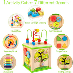 Wooden 7-in-1 Activity Cube Montessori Toys for 1 2 3 Year Old Toddlers Baby Educational Developmental Toys