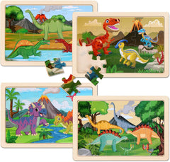 Wooden Puzzles Dinosaur Toys for Kids Ages 3-5, Set of 4 Packs with 20-Piece Wood Jigsaw Puzzles, Preschool Educational Brain Teaser Boards