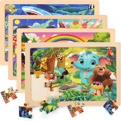4 Packs 24 PCs Wooden Puzzles for Kids Ages 3-5, Montessori Toddler Jigsaw Puzzles, Preschool Educational Toys
