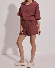Oversized Collar Half-Zip Short Sleeve Sweatshirt Set
