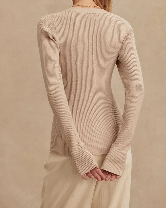 Ribbed V-Neck Henley Sweater