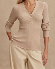 Ribbed V-Neck Henley Sweater
