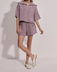 Oversized Collar Half-Zip Short Sleeve Sweatshirt Set