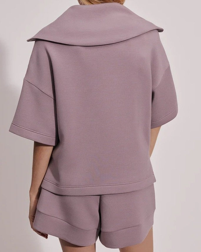 Oversized Collar Half-Zip Short Sleeve Sweatshirt Set
