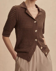 Open-Knit Short Sleeve Cardigan with Notch Collar
