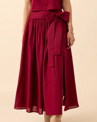 Chiffon Crop Top and Midi Skirt Set with Bow Detail