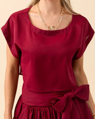 Chiffon Crop Top and Midi Skirt Set with Bow Detail