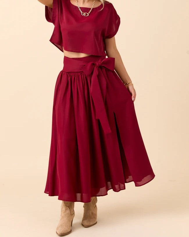 Chiffon Crop Top and Midi Skirt Set with Bow Detail