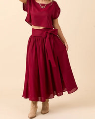 Chiffon Crop Top and Midi Skirt Set with Bow Detail