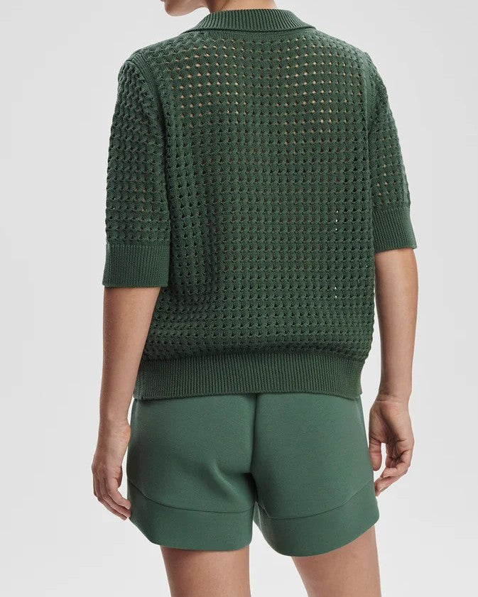 Open-Knit Short Sleeve Cardigan with Notch Collar