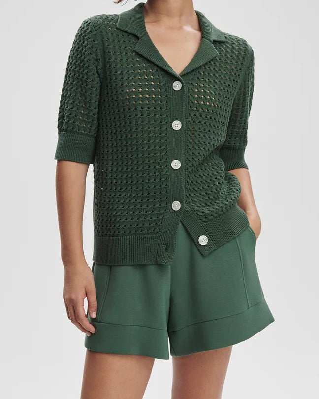 Open-Knit Short Sleeve Cardigan with Notch Collar