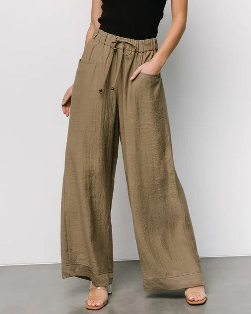 Drawstring Waist Wide-Leg Linen Pants