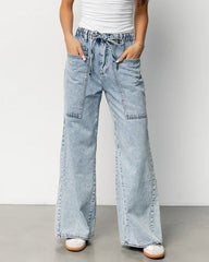 High-Waisted Elastic Waist Wide-Leg Denim Jeans