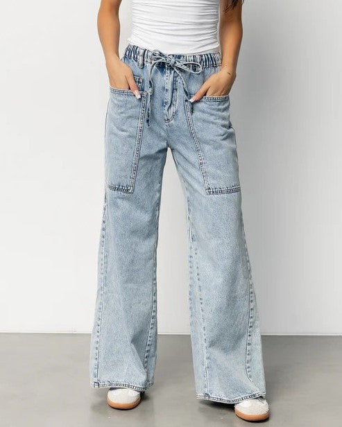 High-Waisted Elastic Waist Wide-Leg Denim Jeans
