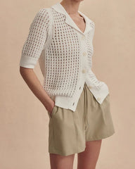 Open-Knit Short Sleeve Cardigan with Notch Collar