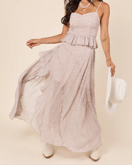 Floral Print Ruched Camisole and Ruffled Maxi Skirt Set